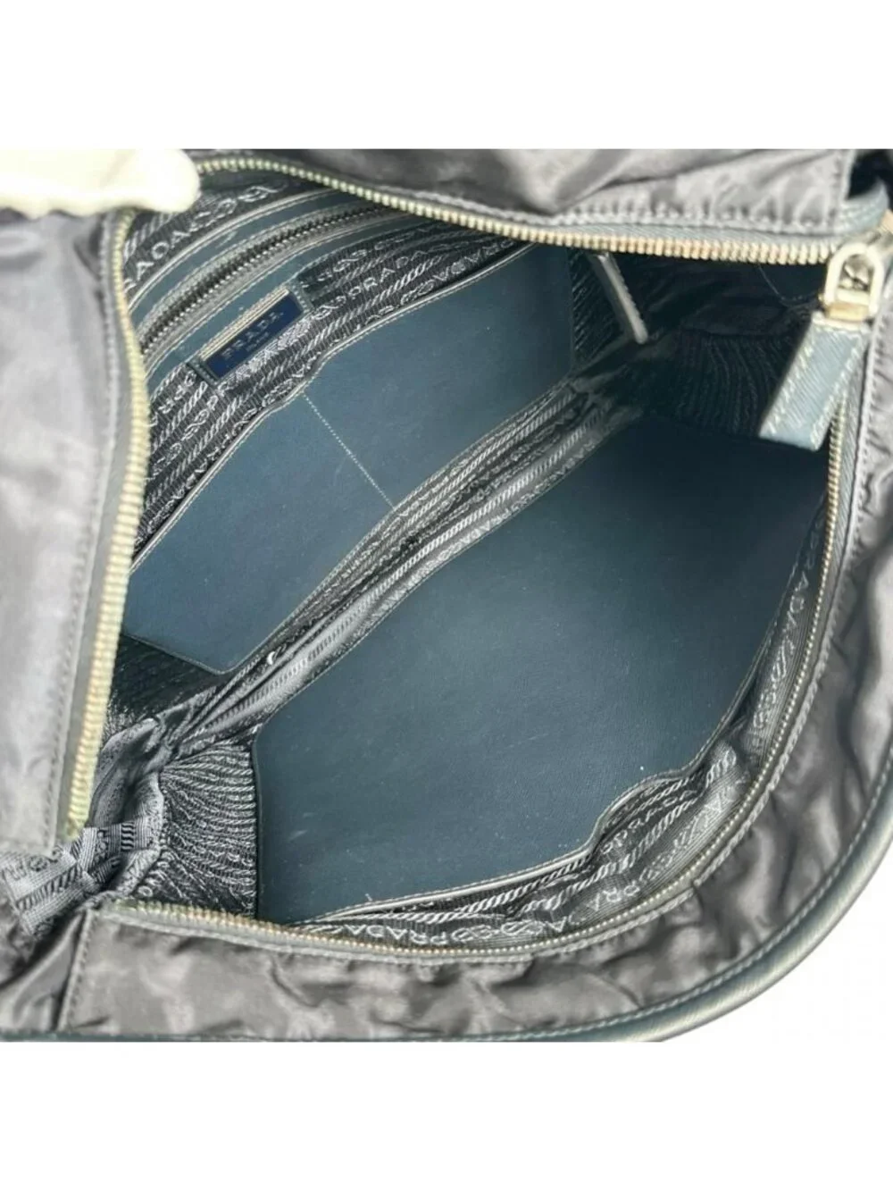 Prada Shoulder Bag Crossbody Nylon Saffiano Leather Navy Silver